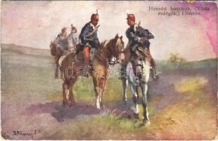 1915 Honvéd huszárok (Vörös ördögök) előőrsön / WWI Austro-Hungarian K.u.K. military art postcard, hussars. B.K.W.I. 889-6. s: B. Bélaváry (EK)