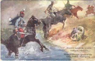 1915 Honvéd huszárok (Vörös ördögök) üldözés közben / WWI Austro-Hungarian K.u.K. military art postcard, hussars. B.K.W.I. 889-1. s: B. Bélaváry (EK)