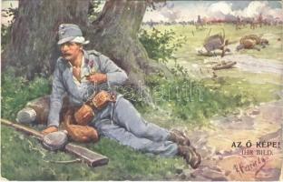 Az Ő képe! / Ihr Bild / WWI Austro-Hungarian K.u.K. military art postcard, injured soldier. B.K.W.I. 933-2. s: K. Feiertag (fl)