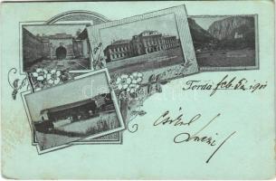 1901 Torda, Turda; Aranyos vármegyeháza, sóbánya bejárata, híd, Tordai hasadák / county hall, salt mine entry, bridge, gorge. Art Nouveau, floral (Rb)