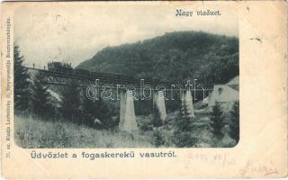 1901 Tiszolc, Tisovec; Tiszolc-völgyi fogaskerekű vasút Breznóbánya és Tiszolc között, iparvasút, híd, viadukt, vonat. Lechnitzky O. 71. / standard gauge cogwheel railway between Brezno nad Hronom and Tisovec, industrial railway viaduct, train (EB)