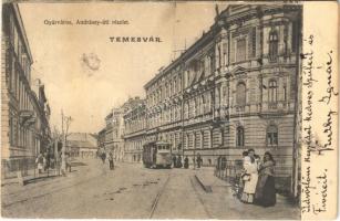 1905 Temesvár, Timisoara; Gyárváros, Andrássy út, villamos,  / Fabric, street, tram (EK)