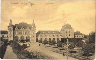 1908 Temesvár, Timisoara; pályaudvar, vasútállomás, villamos. W.L. 127. / railway station, tram
