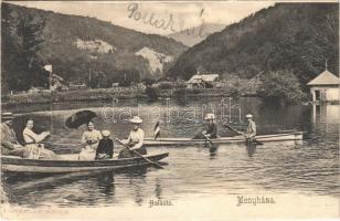 1905 Menyháza, Monyásza, Moneasa; Halastó, csónakázó társaság / lake, people in boats (Rb)