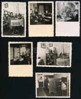 cca 1940 Régi lakásbelsők, lakókkal, 6 db fotó, 9×6 cm
