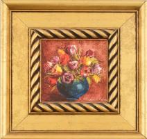 Kun Mária (1944-): Virágcsendélet. Olaj, farost, jelzett. Dekoratív fa keretben. 14,5x14,5 cm