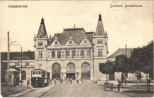 1909 Temesvár, Timisoara; Józsefváros, indóház, vasútállomás, villamos / Iosefin railway station, tram (EK)