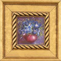 Kun Mária (1944-): Csendélet virágokkal. Olaj, farost, jelzett. Dekoratív fa keretben. 15x15 cm
