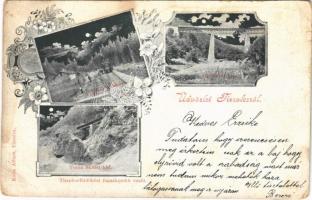 1901 Tiszolc, Tisovec; Tiszolc-Erdőközi fogaskerekű vasút, Fenyves vasútállomás, Csertovai és Tesna Skalai híd, este. Kohn Albert kiadása / railway bridges, Tisovec-Bánovo railway station, cogwheel railway, night. Art Nouveau, floral + "TISZOLCZ P.U." (EK)