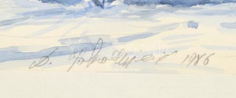 Olvashatatlan jelzéssel: Látkép templommal. Akvarell, papír. Üvegezett fa keretben. 19x27 cm