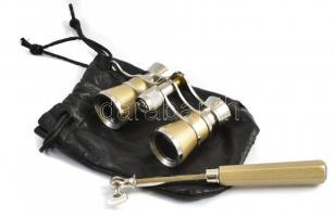 Színházi látcső levehető teleszkópos nyéllel, fém és műanyag, műbőr zsákkal, jó állapotban, 9,5x5 cm