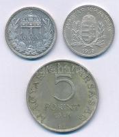 1915KB 1K Ag "Ferenc József" + 1939. 1P Ag + 1948. 5Ft Ag "Petőfi" T:1-,2 patina