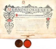 1891 Mérnöki diploma kecskebőrön, függő viaszpecséttel 62x44 cm