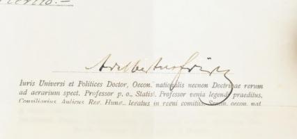 1907 Jogi, jogász diploma kecskebőrön, függő viaszpecséttel (kissé sérült) 44x64 cm