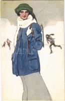 Italian lady art postcard, ice skate, winter sport. Proprieta artistica riservata Serie X. N. 1. Edizioni dArte Eureka (apró lyuk / tiny pinhole)