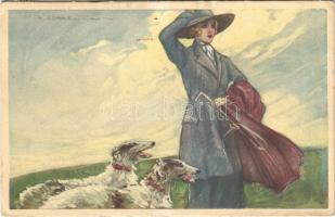 1922 Italian lady art postcard, lady with dogs. Anna & Gasparini 464-4. s: T. Corbella (ázott sarok / wet corner)