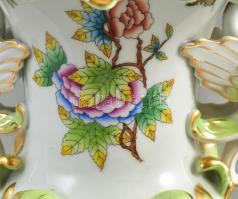 Herendi Viktória mintás, griff madaras, áttört díszváza. Kézzel festett, jelzett, hibátlan. 35 cm