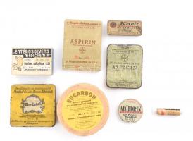 8 db magyar gyógyszeres doboz (Algedrin, Mentanol, Eucarbon, Aspirin, stb.), kopásnyomokkal