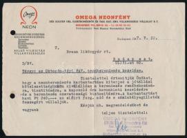 1947 Omega Neonfény vállalat fejléces levele, a Braun Likőrgyár Oktogon téri neonberendezésének karbantartási költsége tárgyában