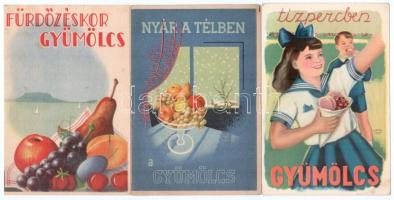 7 db RÉGI magyar gyümölcsöt reklámozó egészségügyi propaganda lap, C-vitamin táblázat a hátoldalon. ...