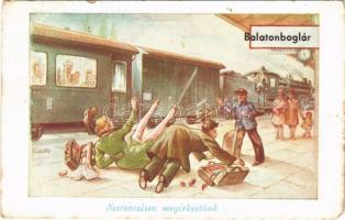 1949 Balatonboglár, "Szerencsésen megérkeztünk" humoros grafikai lap a vasútállomáson (EK)