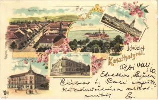 1901 Keszthely, főgimnázium, Fő utca, Balaton fürdő, Gazdasági tanintézet, Gróf Festetics palota. Marton Móricz kiadása, Ottmar Zieher floral Art Nouveau litho (EK)