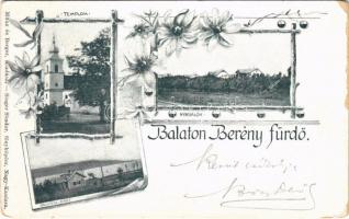 1899 (Vorläufer) Balatonberény, Berény fürdő; templom, nyaralók, Balaton part. Singer Sándor fényképész, Münz és Berger kiadása, Art Nouveau, floral (EK)