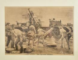cca 1914-1918 A nyugati harctérről - Nehéz angol haubic működésben, újságrészlet, paszpartuban, 21×30 cm