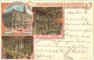1899 (Vorläufer) Budapest VII. New York Kávéház és Palota, Kávé és Billiárd terem, belső. Kosmos Art Nouveau litho (EK)