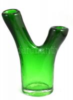 Venini jelzéssel kétnyakú zöld hutaüveg üveg váza, kis kopásnyomokkal, m: 21 cm