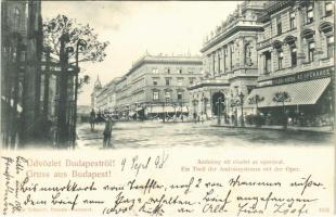 1898 (Vorläufer) Budapest VI. Andrássy út, M. kir. operaház, Pikler A. kávéháza az Operához, utcaseprő. Edgar Schmidt kiadása