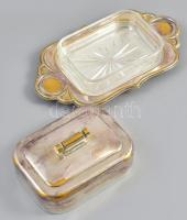 Ezüstözött fém vajtartó, üvegbetéttel, jelzett, kopásnyomokkal, 20×11 cm