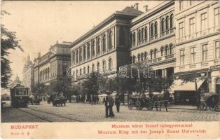 Budapest VIII. Múzeum körút, Kir. József műegyetem (Eötvös Lóránt Tudományegyetem), villamos, Deutsch és Bogdán üzlete (EK)