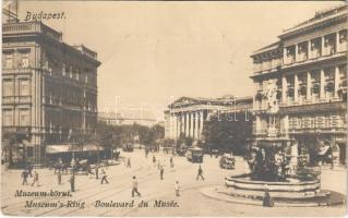 1901 Budapest VIII. Múzeum körút, Kálvin tér, szökőkút, villamosok