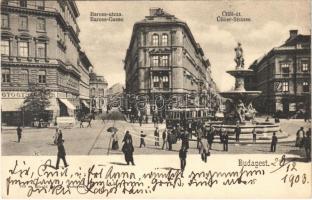 1903 Budapest VIII. Baross utca és Üllői út, szökőkút, Kálvin tér, villamos, magyar fém és lámpaáru gyárak, gyógyszertár. Divald Károly 109.