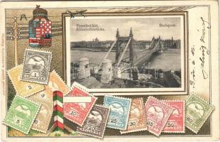 Budapest, Erzsébet híd. Címeres és magyar bélyeges díszes képeslap / Elisabethbrücke. Philatelie-Ansichtskarte litho (EK)
