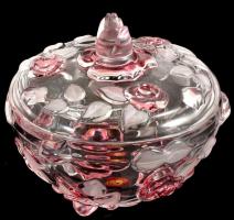 Walther-Glas Natascha üveg rózsás bonbonier, matricával jelzett, hibátlan, eredeti dobozában, d: 16 cm, m: 15 cm