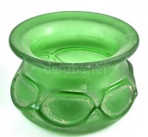 Cenedese jelzéssel zöld üveg asztali váza/kínáló, kis kopásnyomokkal, m: 9×14 cm