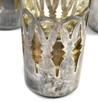 6 db röviditalos pohár ezüstözött fém tartóval, hibátlanok, m: 9,5 cm