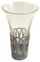 6 db röviditalos pohár ezüstözött fém tartóval, hibátlanok, m: 9,5 cm