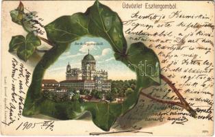 1905 Esztergom, Szentgyörgymező, Bazilika. Stromf Ignác kiadása, Szecessziós montázs levéllel, dombornyomott litho