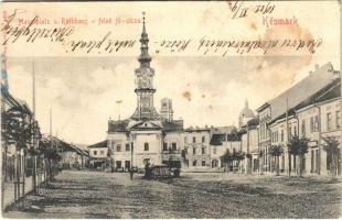 1902 Késmárk, Kezmarok; Felső fő utca, Városháza, üzletek / Hauptplatz u. Rathaus / main street, tow...