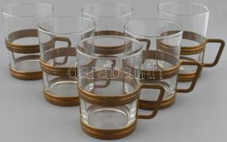 6 db üveg pohár bronz tartóval és tálcával, tálca: 25×16 cm