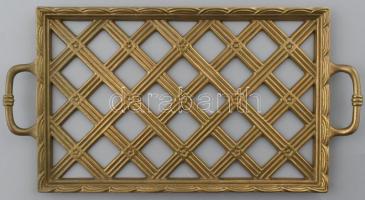 6 db üveg pohár bronz tartóval és tálcával, tálca: 25×16 cm