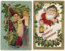 4 db RÉGI karácsonyi dombornyomott litho üdvözlőlap Mikulással / 4 pre-1945 Emb. litho Christmas greeting cards with Saint Nicholas