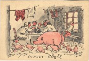 Sowjet-Idyll / Anti-Soviet propaganda, mocking art postcard with pigs. &quot;Soldatenblätter für Feier und Freizeit&quot; s: Herbert Kreißig (vágott / cut)