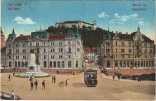 1915 Ljubljana, Laibach; Marijin trg / Marienplatz / square, tram, castle (EK)