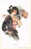 Masks off! Lady art postcard. Reinthal & Newman s: T. Earl Christy