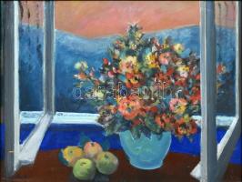 Pataki József (1928-1995): Csendélet az ablakban. Olaj, farost, jelzett. Sérült. Fa keretben. 50x65 cm