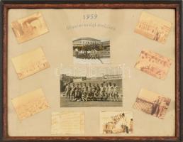 1959 A Vasas Futball Club olaszországi emlékei, részben (? )Genovában, 10 db fotó egy kartonra ragasztva, a fotók többsége kifakult. Üvegezett fa keretben. Fotók 6x9 és 11,5x18 cm közötti méretben cm